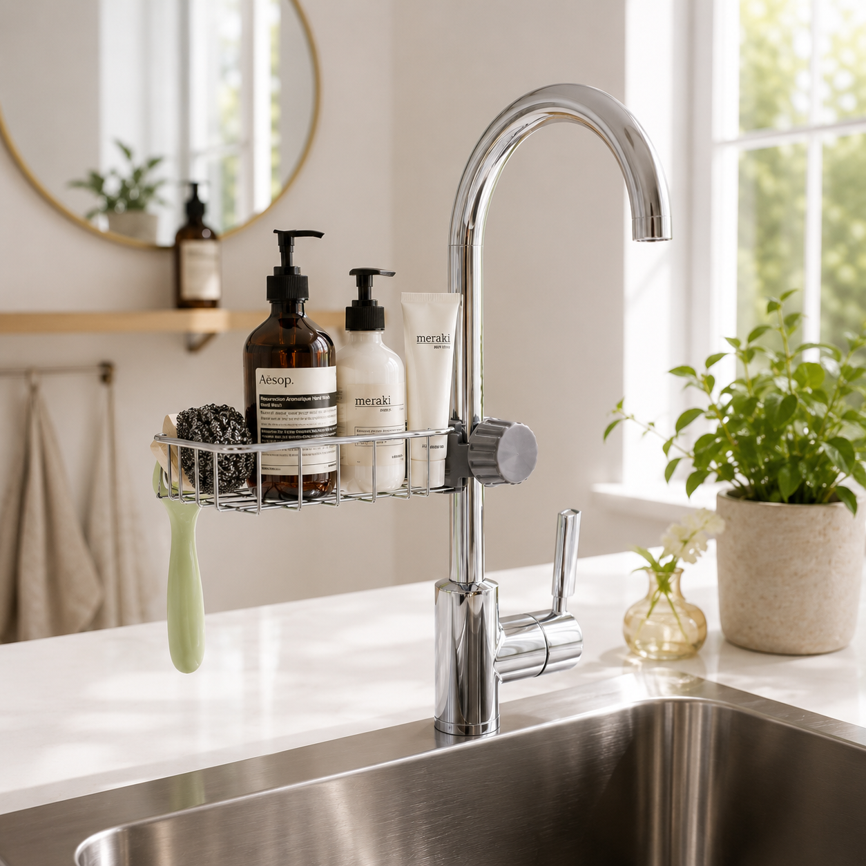 Premium No-Drill Stainless Steel Sink Drain Rack – Adjustable Faucet Sponge Holder & Kitchen Sink Storage Organizer