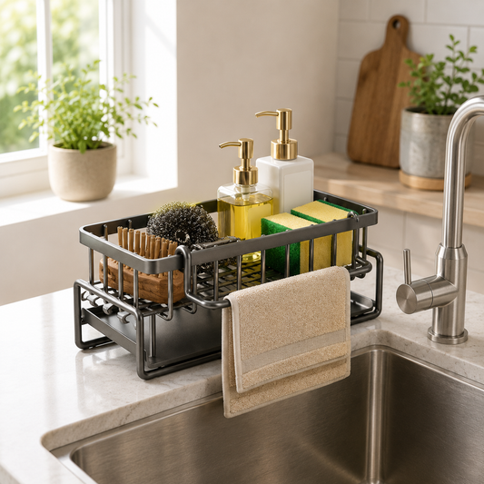 Premium Stainless Steel Kitchen Sink Caddy with Towel Rail – Countertop Dish Drainer & Sponge Storage Organizer