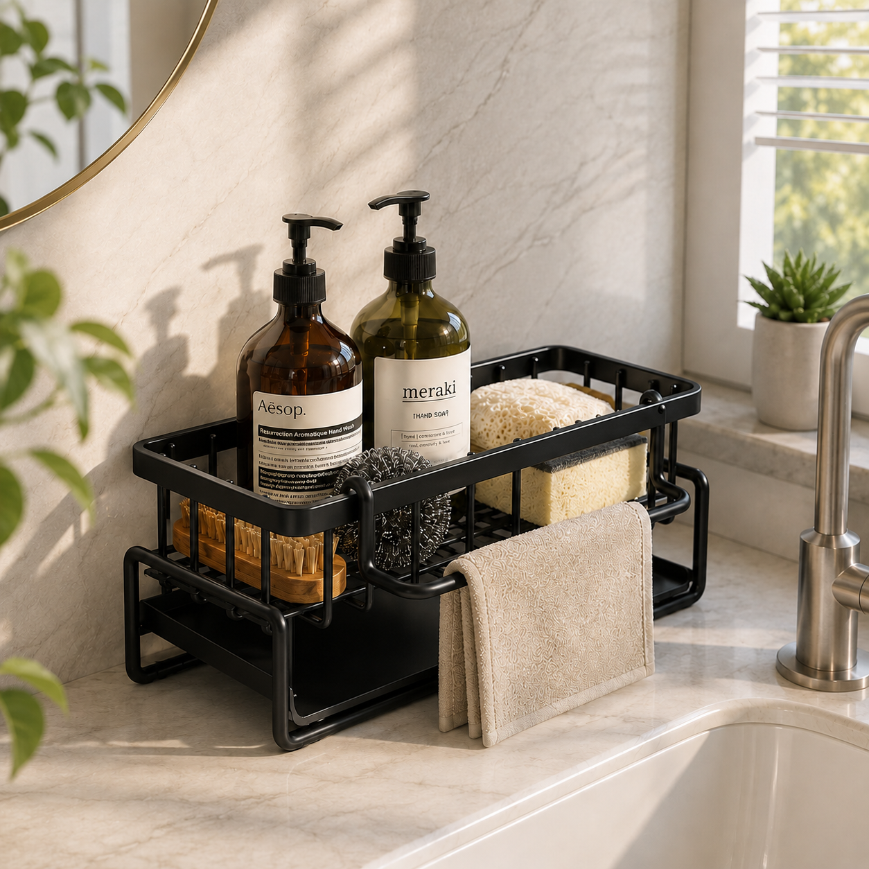 Premium Stainless Steel Kitchen Sink Caddy with Towel Rail – Countertop Dish Drainer & Sponge Storage Organizer