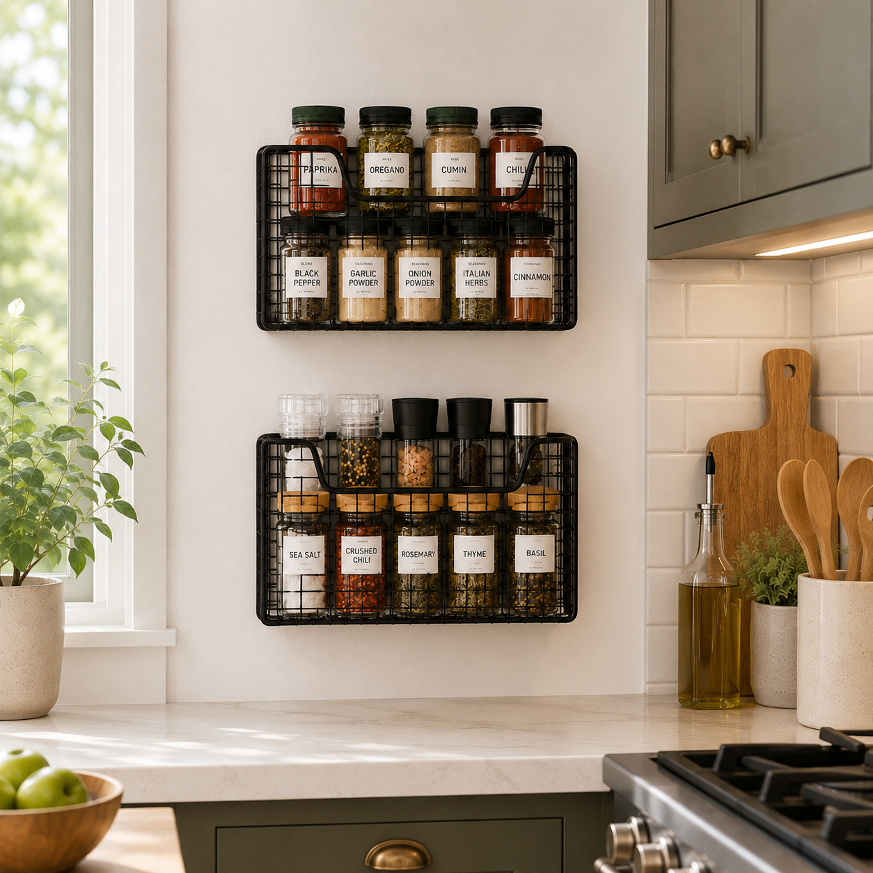 Spice Rack Wall Mounted, Kitchen Cabinet Door Storage Basket for Garlic, Onions, Vegetables & Pantry Storage