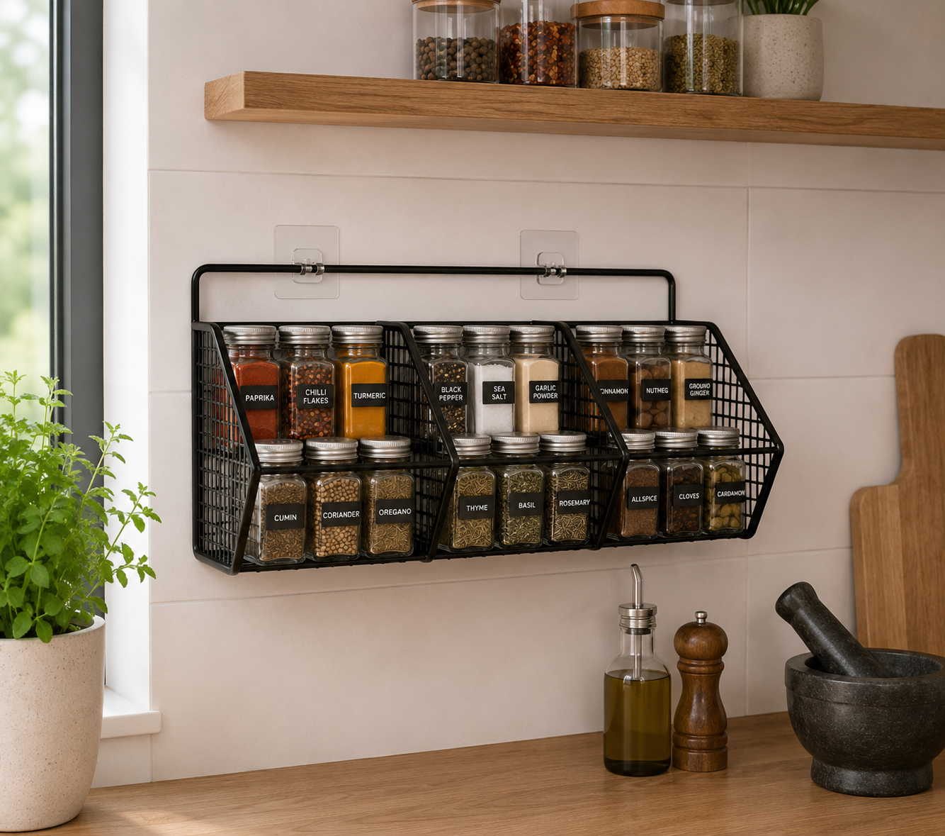 Wall Mountable Spice Rack, Spice Rack Wall Mounted, Metal Wire Kitchen Spice Storage Organizer for Herbs, Seasonings & Pantry Items