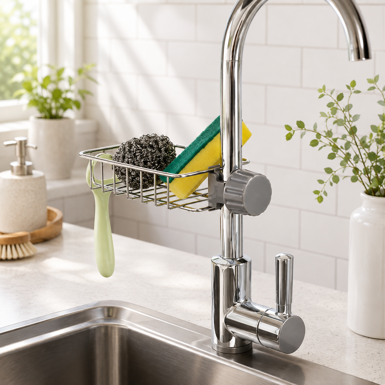 Premium No-Drill Stainless Steel Sink Drain Rack – Adjustable Faucet Sponge Holder & Kitchen Sink Storage Organizer