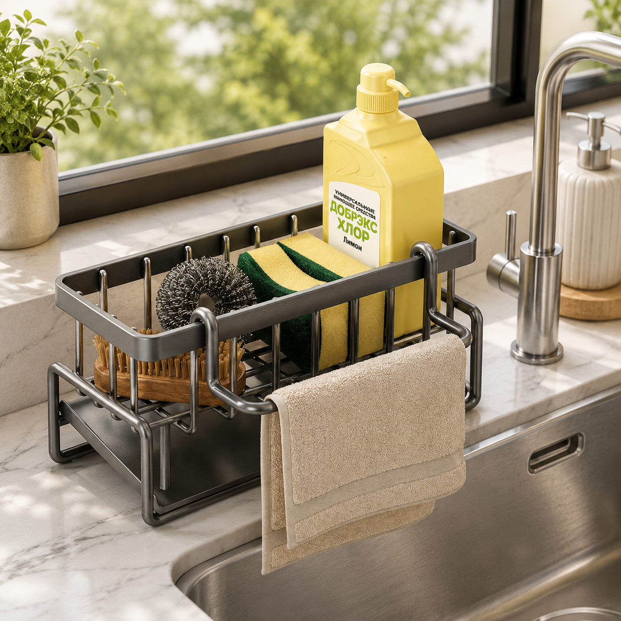 Premium Stainless Steel Kitchen Sink Caddy with Towel Rail – Countertop Dish Drainer & Sponge Storage Organizer