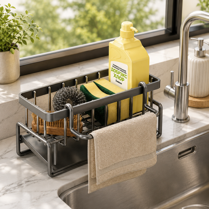 Premium Stainless Steel Kitchen Sink Caddy with Towel Rail – Countertop Dish Drainer & Sponge Storage Organizer