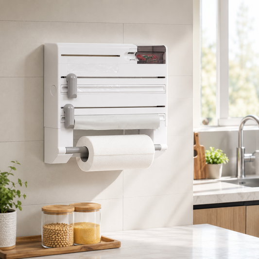 Multifunctional Wall-Mounted Kitchen Roll & Cling Film Dispenser – Foil Cutter & Storage Organizer