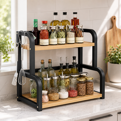 2-Tier Kitchen Countertop Storage Rack – Freestanding Spice, Condiment & Bottle Organizer with Hooks