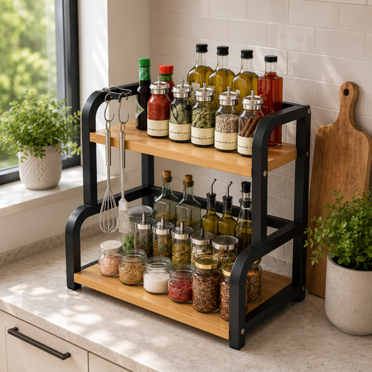 2-Tier Kitchen Countertop Storage Rack – Freestanding Spice, Condiment & Bottle Organizer with Hooks