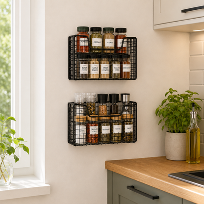 Spice Rack Wall Mounted, Kitchen Cabinet Door Storage Basket for Garlic, Onions, Vegetables & Pantry Storage