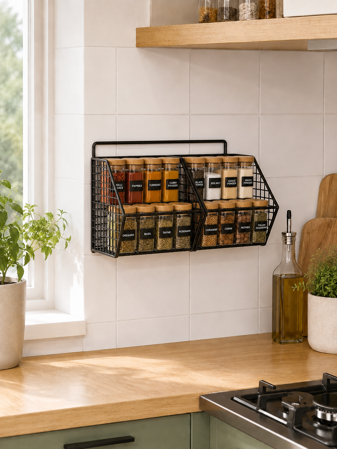 Wall Mountable Spice Rack, Spice Rack Wall Mounted, Metal Wire Kitchen Spice Storage Organizer for Herbs, Seasonings & Pantry Items