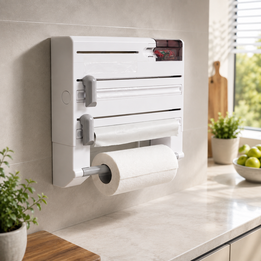 Multifunctional Wall-Mounted Kitchen Roll & Cling Film Dispenser – Foil Cutter & Storage Organizer