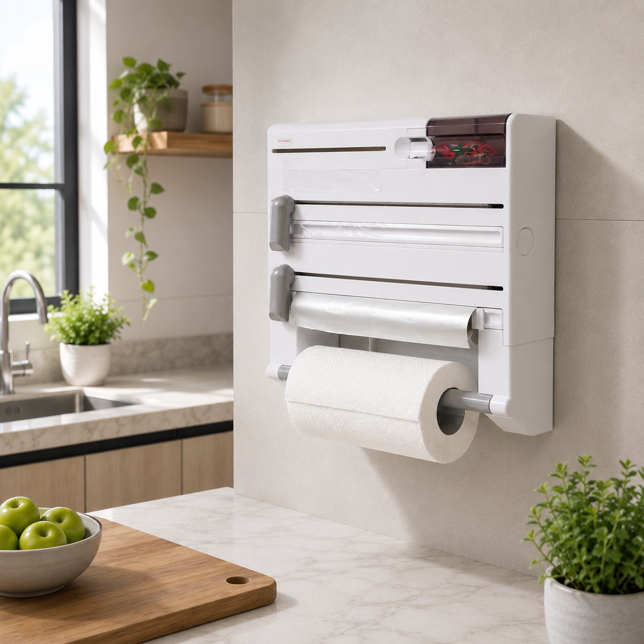 Multifunctional Wall-Mounted Kitchen Roll & Cling Film Dispenser – Foil Cutter & Storage Organizer