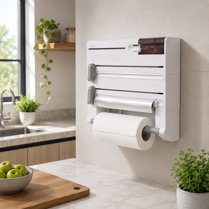 Multifunctional Wall-Mounted Kitchen Roll & Cling Film Dispenser – Foil Cutter & Storage Organizer