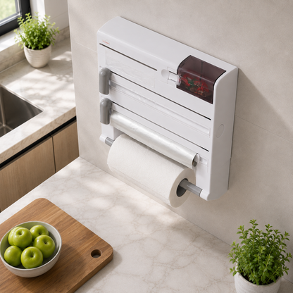 Multifunctional Wall-Mounted Kitchen Roll & Cling Film Dispenser – Foil Cutter & Storage Organizer