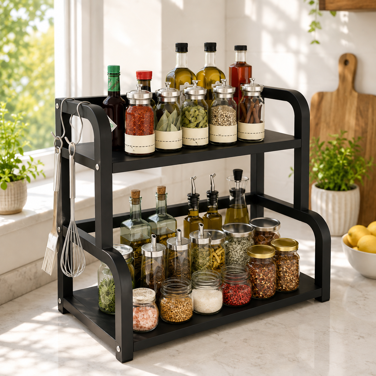 2-Tier Kitchen Countertop Storage Rack – Freestanding Spice, Condiment & Bottle Organizer with Hooks