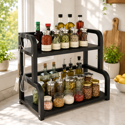 2-Tier Kitchen Countertop Storage Rack – Freestanding Spice, Condiment & Bottle Organizer with Hooks