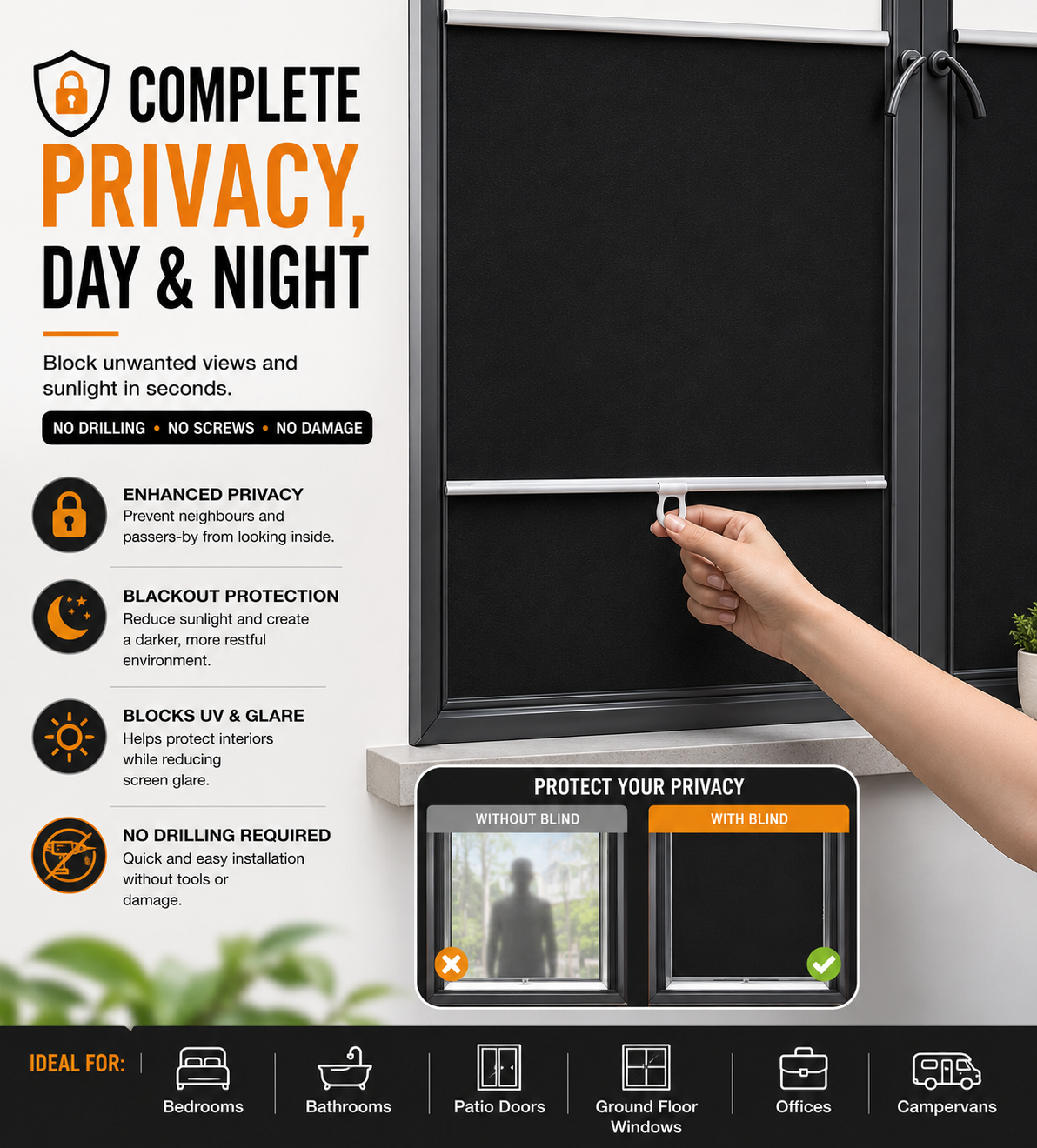 Blackout No Drill Blinds for Windows, Patio Doors & Kitchens – Easy Fit, No Screws, No Drilling Required
