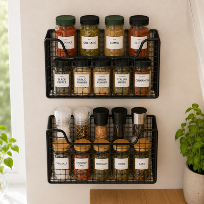 Spice Rack Wall Mounted, Kitchen Cabinet Door Storage Basket for Garlic, Onions, Vegetables & Pantry Storage