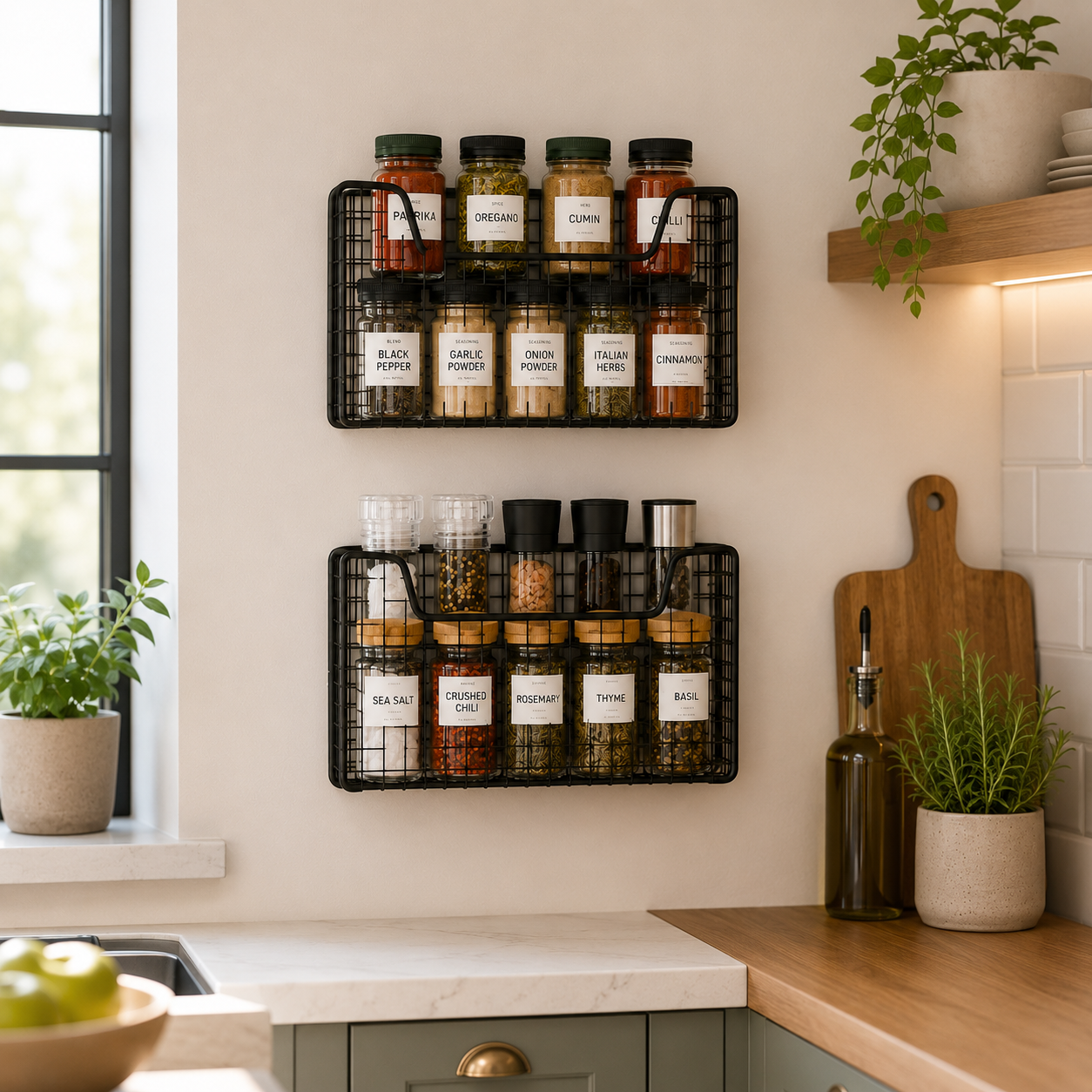 Spice Rack Wall Mounted, Kitchen Cabinet Door Storage Basket for Garlic, Onions, Vegetables & Pantry Storage